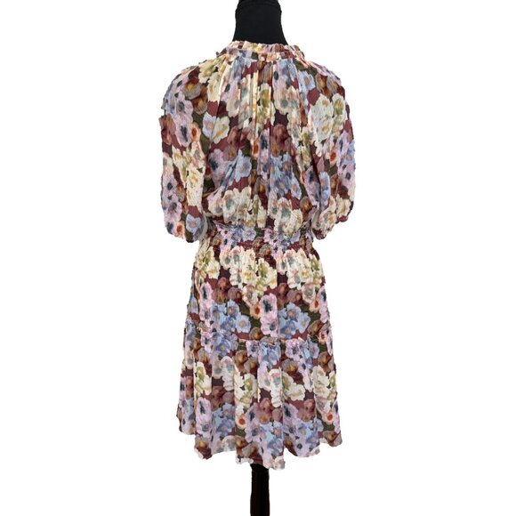 Rails Fiorella Floral Tie Neck Dress Size L Plissé Midi Short Sleeve Lined - Picture 7 of 12